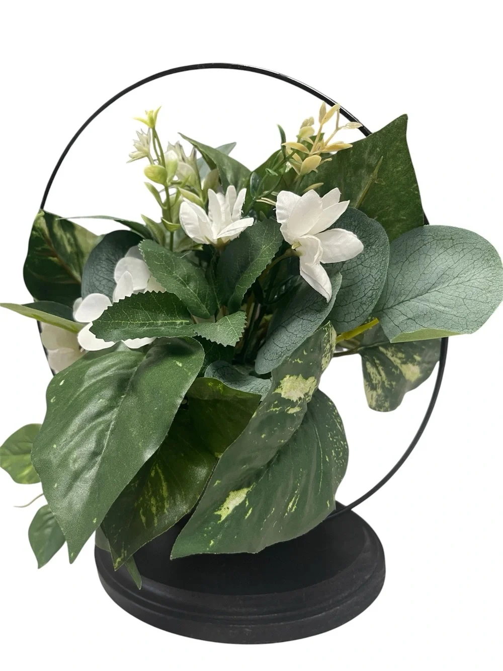 Handmade Faux Floral Arrangement Black Metal Hoop Wood Base 12”